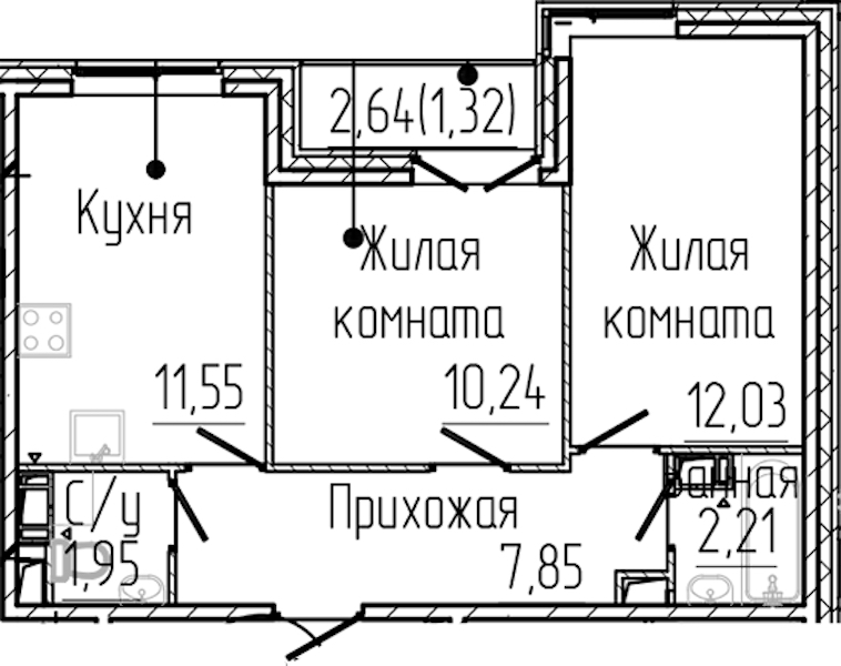2-комнатная квартира 47.15 м², 8/8 эт., ЖК «SERTOLOVO PARK»